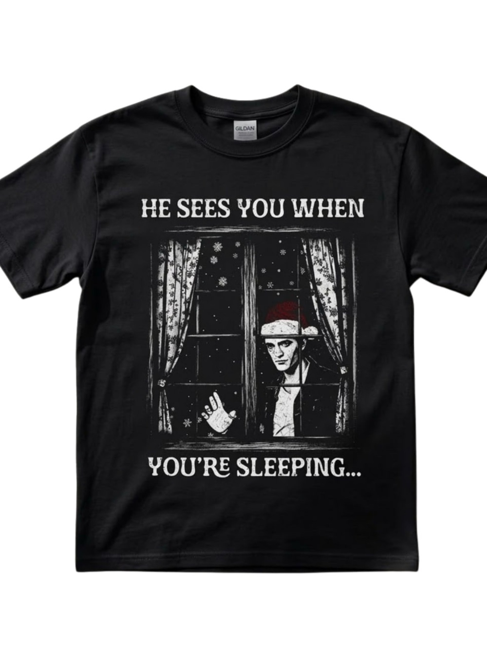 Gildan Men’s Black Graphic Tee - 'He Sees You When You're Sleeping'